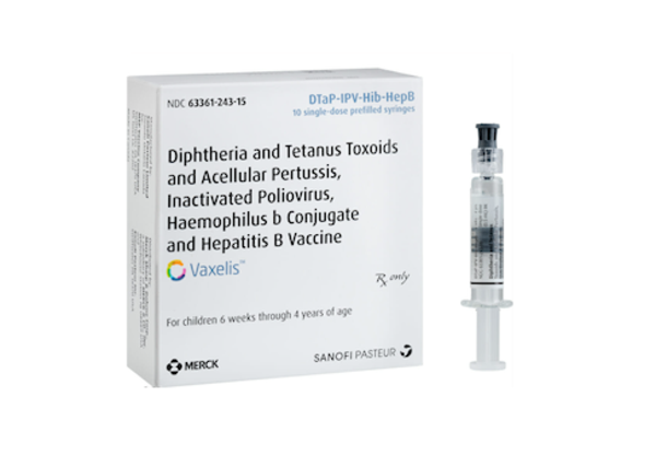 VAXELIS DTaP-IPV-Hib-HepB pediatric vaccine carton with ten 0.5 mL prefilled syringes, NDC 63361-243-15